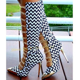 Advbridge Zebra Stripes Chain Gladiator Boots Metal Toe Iron Chain Splicing Sandals Boots White Black Sexy Autumn Fashion Women High Boots