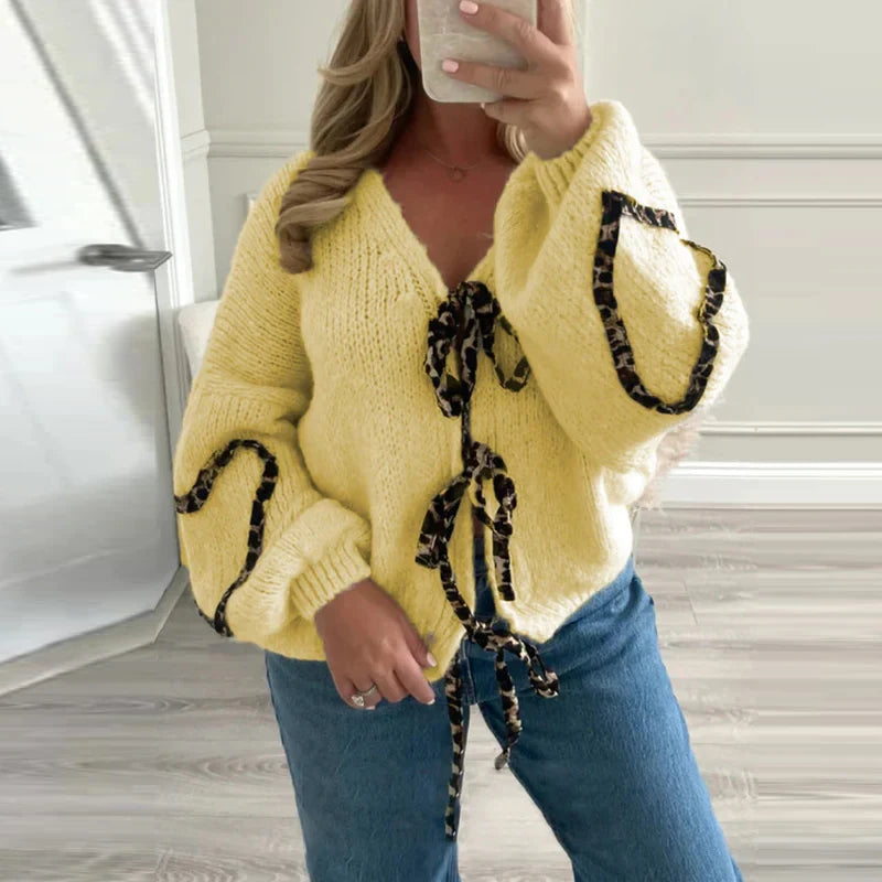 Advbridge Leopard Printed Women Knitted Sweater Hollow Out Lace Up Bow V Neck Female Loose Cardigan 2024 Autumn High Street Lady Sweaters