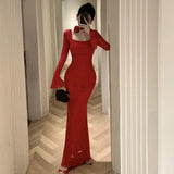 Advbridge Sexy Lace Bodycon Maxi Dresses for Women Flare Sleeve Square Collar Slim Mermaid Evening Party Dress Fishtail Vestidos Prom Robe