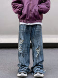 Advbridge Perforated Silhouette Jeans Men's Street Wear Ripped Baggy Jeans Distressed Wide Leg Jeans