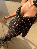 ADVBRIDGE  -  Retro Polk Dot Long Dress With Ribbon Women Sexy Low Cut Sleeveless Pleated Slim Evening Dresses Female Spring Chic Street Party