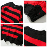 Advbridge High Street Retro Punk Red and Black Stripes Autumn Sweater Men Loose Ripped Hole Tassel Pullover Round Neck Casual Clothes