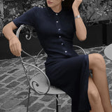 ADVBRIDGE  -  2025 Sexy Polo Neck Knitted Single Breasted Short Sleeve Bodycon Contrasting Maxi Dresses Women's Casual Stylish Streetwear