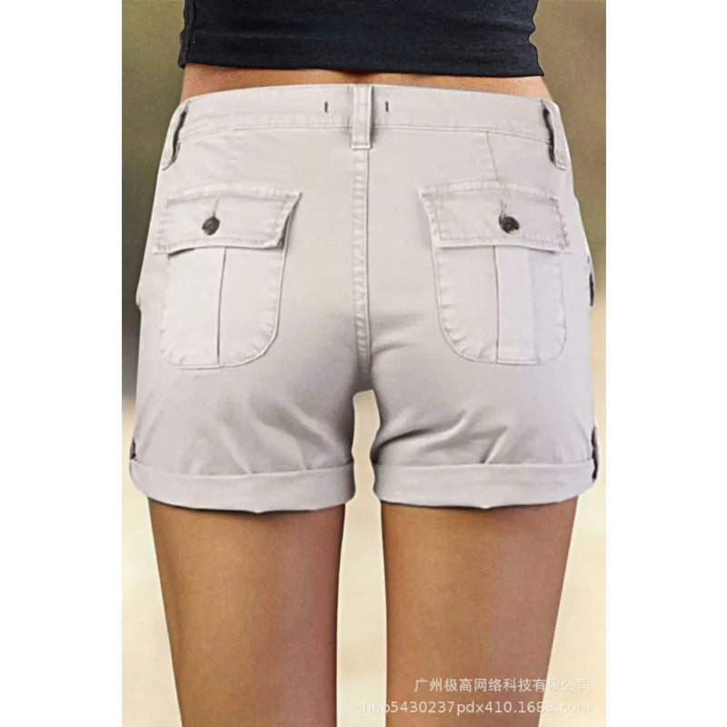 Advbridge Women Mid Waist Straight Short Pants Solid Color Pocket Stitching Shorts Summer Streetwear Fashion Cargo Shorts