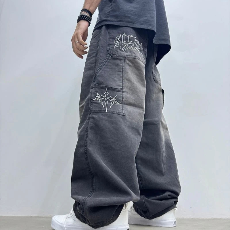 Advbridge Streetwear New Fashion Multi-pocket Letter Print Baggy Jeans Men Y2K Harajuku Vintage Rock Gothic High Waist Wide Leg Pants