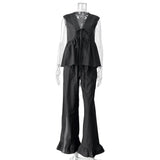 ADVBRIDGE  -  Black Elegant Summer Suits For Women New V Neck Lace-up Sleeveless Tank Top+Ruffle Trouser Fashion Casual Pants Sets 2 Piece Set