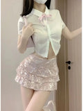 ADVBRIDGE  -  Kawaii Sweet Fashion Suits 2025 Summer Pink Sequined Cake Bow Short Mini Skirts Slim Shirt Top Spice Girl Two-piece Suit