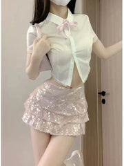 ADVBRIDGE  -  Kawaii Sweet Fashion Suits 2025 Summer Pink Sequined Cake Bow Short Mini Skirts Slim Shirt Top Spice Girl Two-piece Suit