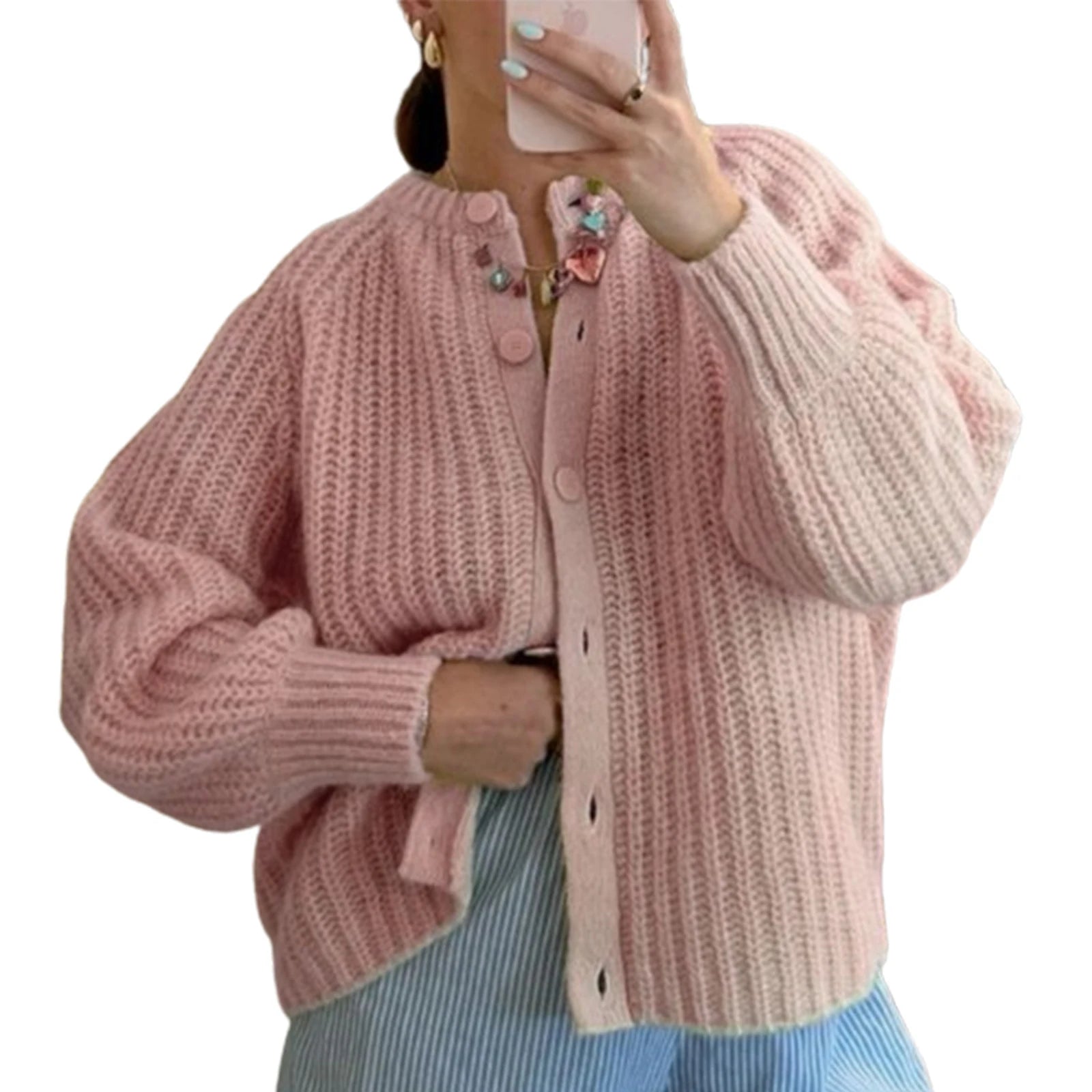 Advbridge Women's Y2 Kawaii Cute Loose Fit Sweater Cardigan Solid Color Crew Neck Long Sleeve Button Down Casual Knitwear Tops