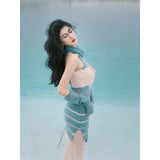 Advbridge -  Mmohair Contrasting Color Suit Women's Autumn and Winter Pile Up Collar Dress Mini Skirt Sleeve Three-piece Set Clothes Clothes