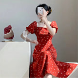 ADVBRIDGE  -  Spring Dress Women's Red Printed Retro Square Neck Dress Puff Sleeve Temperment Feminine Chiffon Vestidos Elegant Female