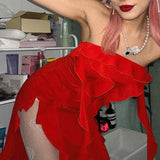 ADVBRIDGE  -  Personalized Women's Clothing Red Strapless Ruffles Tassel Pleated Sleeveless Backless High Split Stretchy Dresses Clubwear