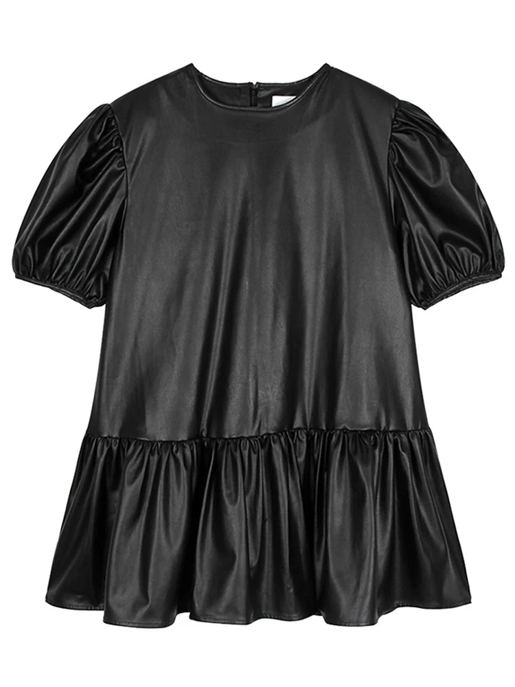 Advbridge Black mini leather dress women puff short sleeve Soft faux leather dresses for women Casual pleated kawaii clothes