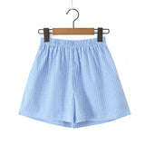 ADVBRIDGE  -  Blue Plaid Shorts 2 Piece Set V Neck Puff Sleeveless Lace-up Crop Blouse+Shorts Simple Casual Fashion Summer Suits For Women New