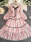 Advbridge Elegant Floral Printed Midi Dresses for Women Lantern Sleeves Square Collar A-line Evening Party Dress Autumn Chic Prom Robe