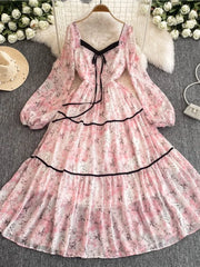 Advbridge Elegant Floral Printed Midi Dresses for Women Lantern Sleeves Square Collar A-line Evening Party Dress Autumn Chic Prom Robe