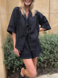 Advbridge Fashion Solid Hollow Out Lace Up Short Pant Women's Sets Elegant Lapel Half Sleeves 2 Pieces Outfit 2024 Vacation Casual Sets