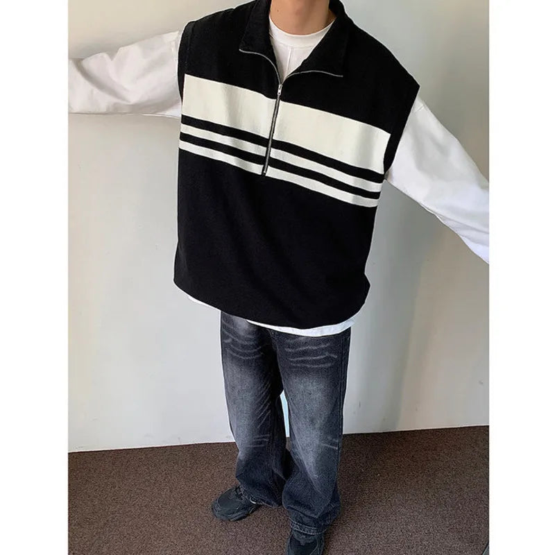 Advbridge Zipper Sweater Vest Men Warm Fashion Casual Knit Pullover Men Oversized Korean Loose Sleeveless Sweater Mens Jumper Clothes