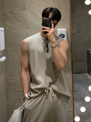 Advbridge Korean High Street Men's Pleated Two Piece Vests Trendy Wide Leg Set Pants Sleeveless Tank Top Casual Shorts 2024 Spring Summer