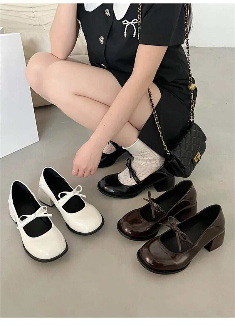 Advbridge Elegant Mary Jane Pumps Woman High Heels Shoes Leather Casual Shoes Women Square Heeled Shoes Ladies Sweet Style Lolita Shoes