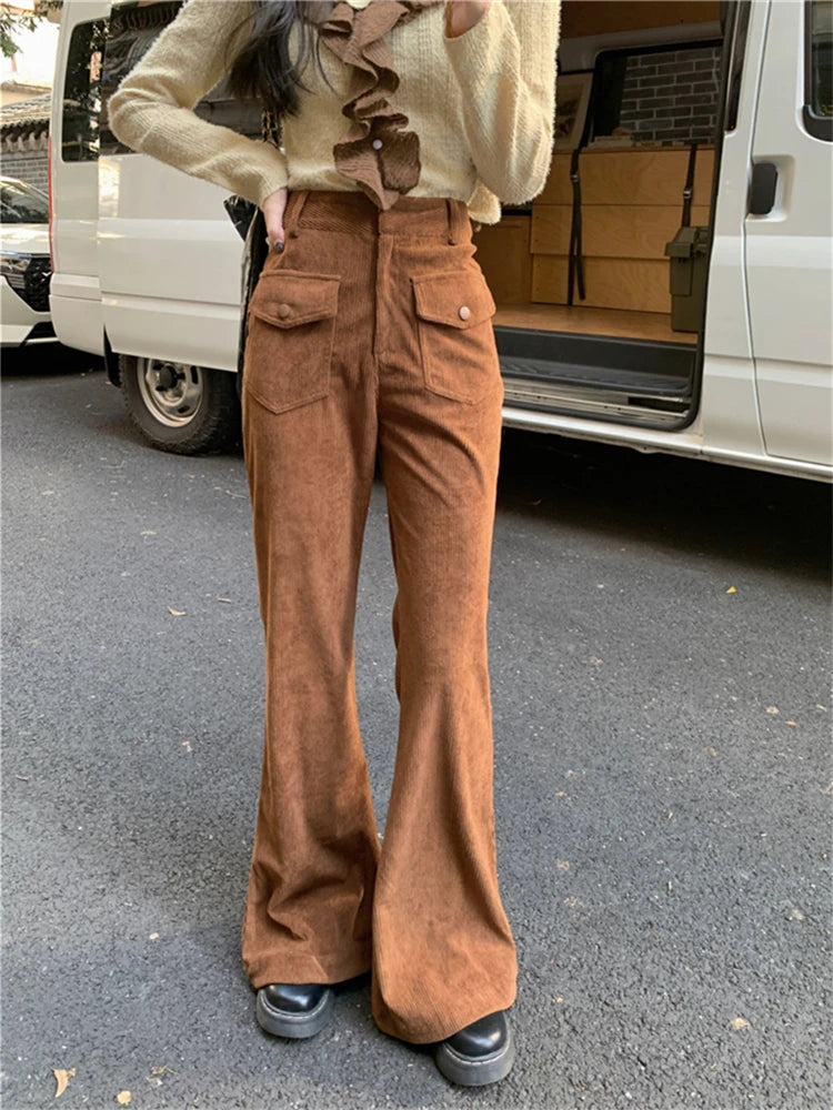 Advbridge  -  Women's Coffee Colored Corduroy Micro Flared Pants Street Style Fashion Female High Waisted Straight Wide Leg Trousers