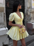 ADVBRIDGE  -  Casual Hollow Out A-Line Dress Slim Deep V-Neck Short Puff Sleeve Mini Dresses For Women 2025 Summer Fashion Streetwear