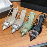 Advbridge High Heeled Sandals Women Rhinestone Pointed Toe Pumps Women Sandals Satin Elegant Office Shoes New Summer Low Heel Mule Sandals