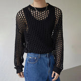 Advbridge Mens Y2k Hollow Out Outfits See-Through Knit Shirts 2024 New Summer Fashion All-Match Casual Geometric Vintage Loose Smock Tops