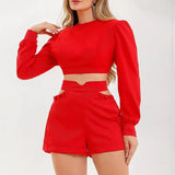 ADVBRIDGE 2 Pieces Set Sexy Women's Suits Solid Short Sleeve Shirt Hollow Out High Waist Shorts Women's Fashion Casual Shorts Set Women