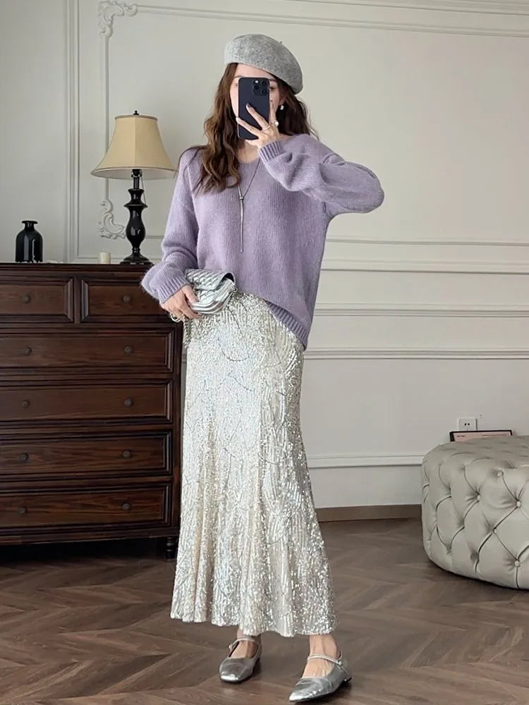 Advbridge -  Silver Sequin A-line Fishtail Skirt Vintage Skirts for Woman Long Dress Korean Fashion Y2k Clothing Faldas Para Mujeres