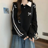 Advbridge Oversized Preppy Style Polo-Neck Sweatshirts Female Spring Autumn New Striped Bow Top Tee Coat Women's Casual Patchwork T-Shirts
