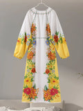 ADVBRIDGE  -  Print Linen Dress Women Elegant Loose Lace Up V Neck Vintage Vestidos Female 2024 Summer Long Sleeves Fashion High Waist Robe