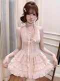 ADVBRIDGE  -  France Sweet Lace Pink Dresses Women Design Elegant Slim Bow Skinny Dress Female Fashion Lovely Sleeveless Dress Clothing New