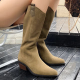 Advbridge Women's natural suede leather 5cm thick med heel pointed toe side zip autumn mid-calf boots high quality female casual half boot