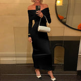 ADVBRIDGE  -  Black Elegant Slash Neck Off-shoulder Bodycon Fashion Women's Long-sleeve Pleated Sexy Long Dress  Autumn Winter Party Gowns