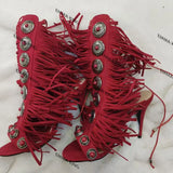Advbridge Designer Fringe Thih High Heel Sandals Woman High Heels Open Toe Party Prom Shoes Sexy Zipper Female Tassel Pumps 44