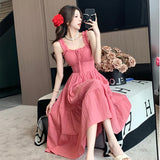 ADVBRIDGE  -  Summer Rose Pink Suspenders Strap Dresses Sweet Women Square Collar Ruffle Cute Backless Sexy Elegant Dress Female Casual