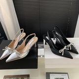 Advbridge  Fashion CRYSTAL Butterfly-knot Women Pumps Sexy Pointed Toe Slingbacks Low Thin Heel Elegant Mule Ladies Shoes