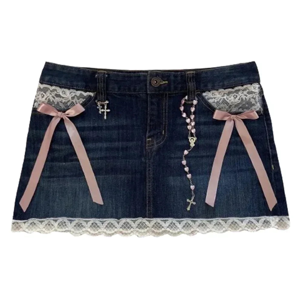 Advbridge Gothic Fashion Shorts Women Y2K Skirt Sweetheart Washed Rhinestone Sequin Baggy Denim Short High Waist Slim Mini Short Skirt