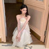 ADVBRIDGE  -  French Style Chic Hanging Neck Dress Women Elegant Flower Off Shoulder Sexy Ruffle Fashion Vestido Casual Apricot Dresses Summer
