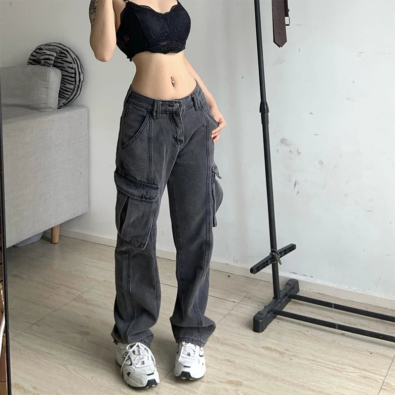 Advbridge  High Waisted Retro Women's Summer Cargo Pants Multiple Pockets Dark Gray Vintage Fashion Tooling Style Straight Wide Leg Trouser