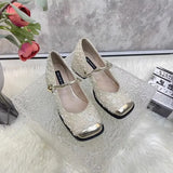 Advbridge 2024 Spring and Autumn Chunky Heel Square Head Single Shoe Sequin Small Fragrant Wind Womens Shoes Shallow Mouth Mary Jane Shoes