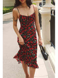 Advbridge Rose Red Flower Printed Black Bodycon Summer Dress Women 2024 Beach Boho Maxi Slip Sundress Ruffles Sleeveless Long Floral Dress