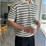 ADVBRIDGE  -  Summer Lapel Short Sleeved T-shirt Men Slim Fit Casual Striped T Shirt Men Streetwear Korean Knitted T Shirt Mens Polo Shirt