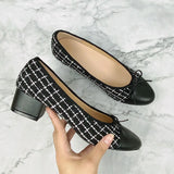 Advbridge Large 43 Multi-Color Bow Ballet High Heels Spring and Autumn Round Toe Fight Work Outside Wearing Block Heel Women's Shoes