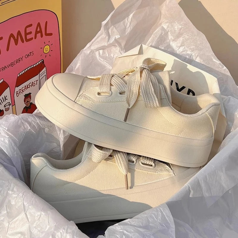 ADVBRIDGE  -  Minimalist Style Canvas Shoes Solid Color Thick Sole Womens Casual Shoes Fashions Low-top Lace Up Shoes for Ladies