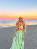 ADVBRIDGE  -  Casual Solid Hollow Out Long Dress Elegant Lace Up Pleated Backless Off Shhoulder Robes New Women's Summer Vacation Beach Gowns