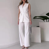 ADVBRIDGE  -  Office Lady Group Of Pants Set Elegant V Neck Sleeveless Blazer&Trousers Two Piece Outfits Summer Slim Lace-up Temperament Suit