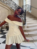 Advbridge White Elegant Off Shoulder Pleated Hem Mini Dress Women Chic Double Breasted Backless Slim Dresses Ladies New 2024 Party Vestido