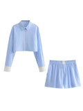 Advbridge Stripes Crop Top+shirt 2 Pcs Outfits Women Casual Summer Autumn Casual Set Blue Matching Set Shorts Set Female Suit